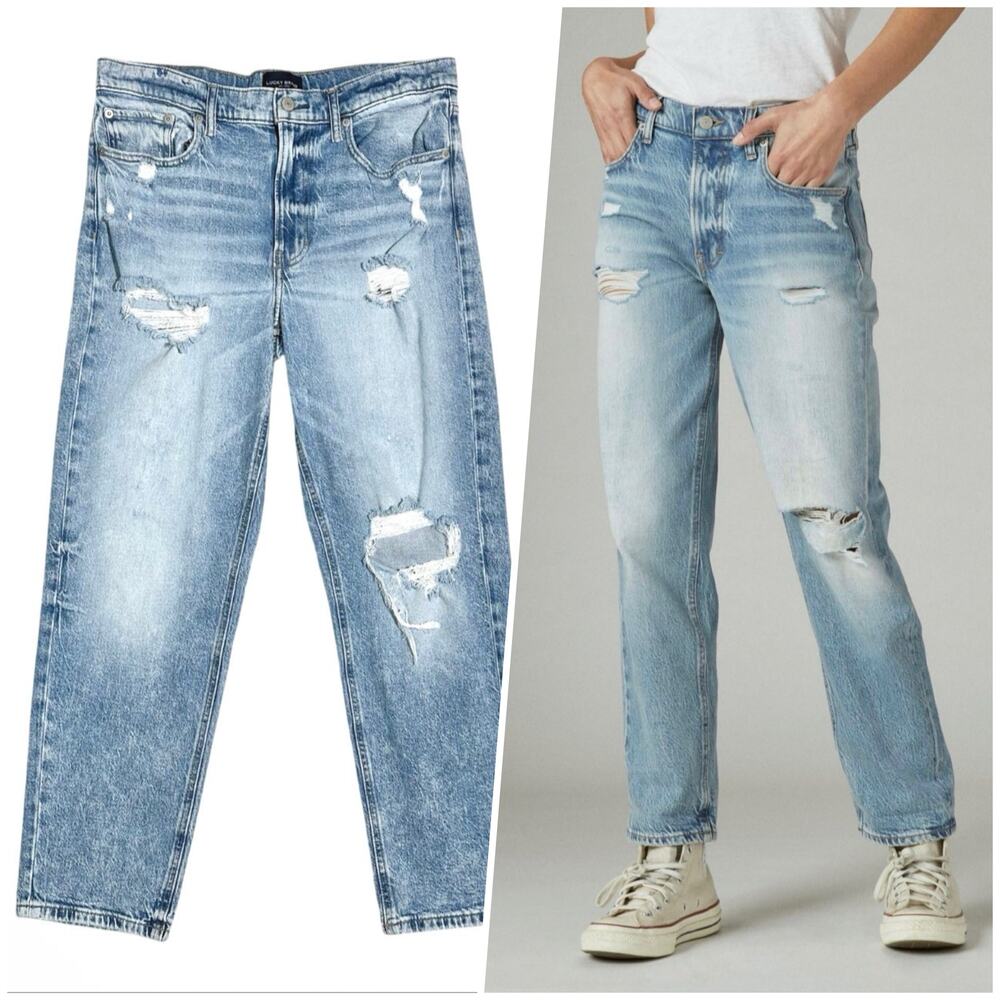 Lucky Brand | Women | Boy Distressed Mid Rise Relaxed Straight Leg Jeans | 30 R - Picture 1 of 16
